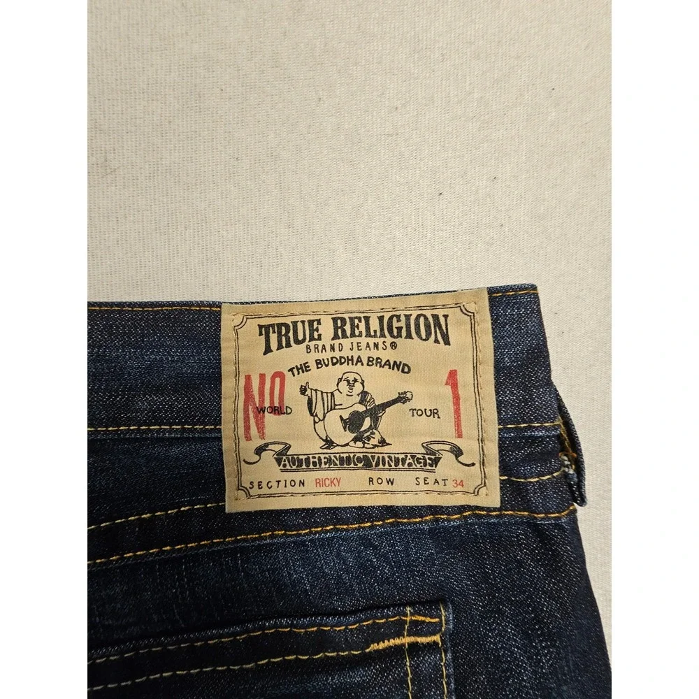 True‎ Religion Ricky Straight Leg Jeans Mens 44x34 Dark Wash FLAP USA Distressed